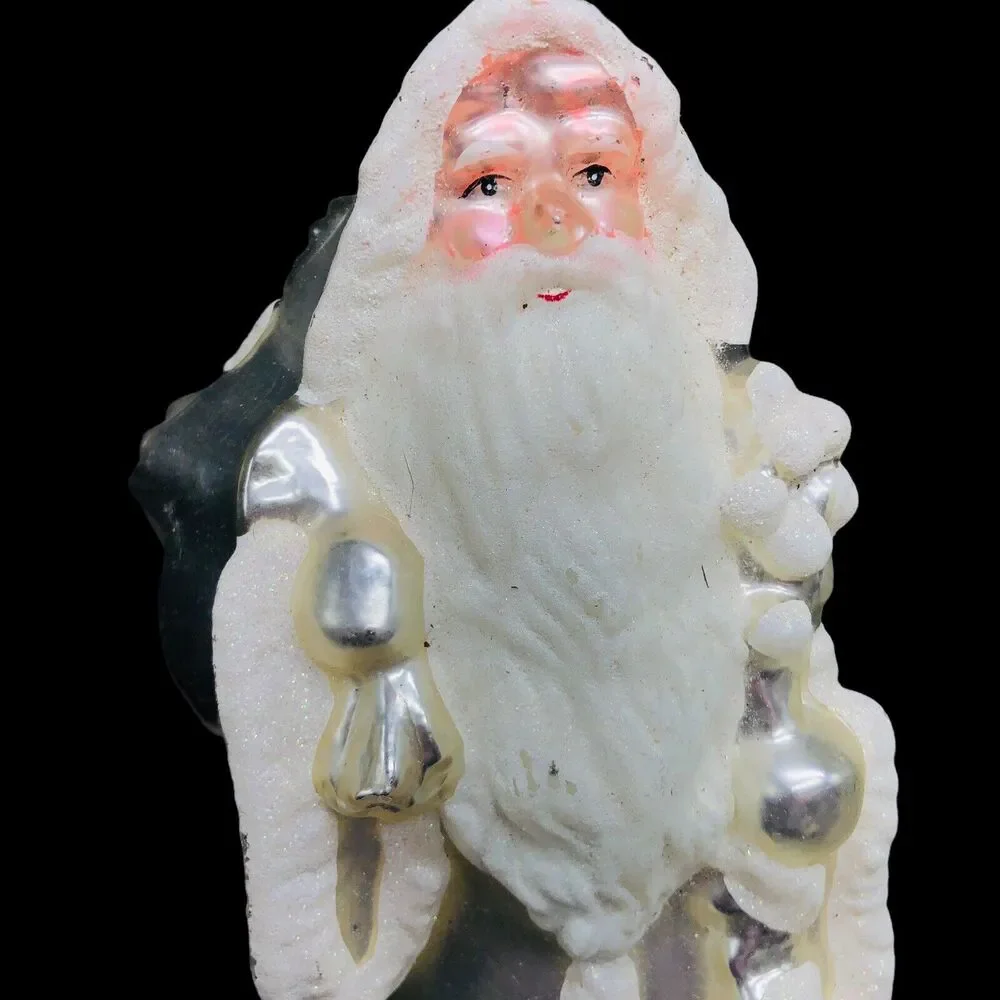 Mercury Glass Santa Christmas Statue Figure Snow Glitter‎ Old World 12” READ